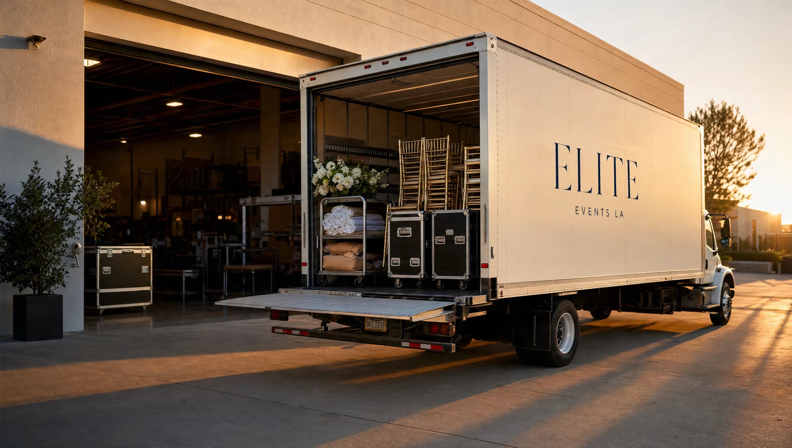 Elite Events LA branded box truck loading event gear at the studio facility